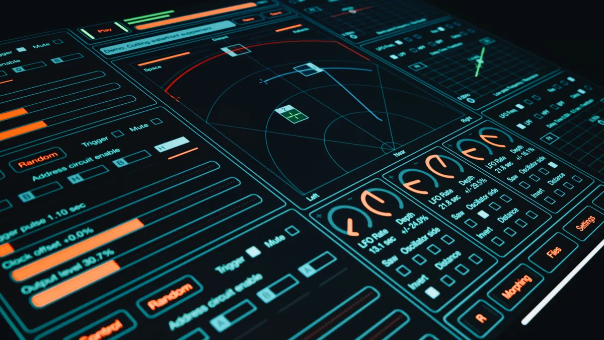 technical interface with charts, panels, and search-style controls